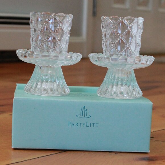 Pair of PartyLite "Quilted Crystal" Glass Candleholders - Picture 1 of 12
